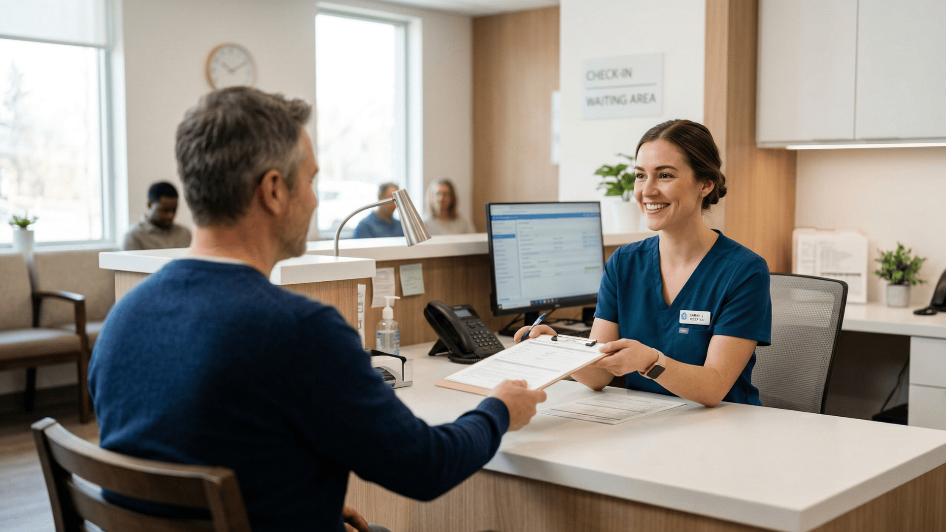Front desk staff assisting a patient at a growing outpatient medical practice