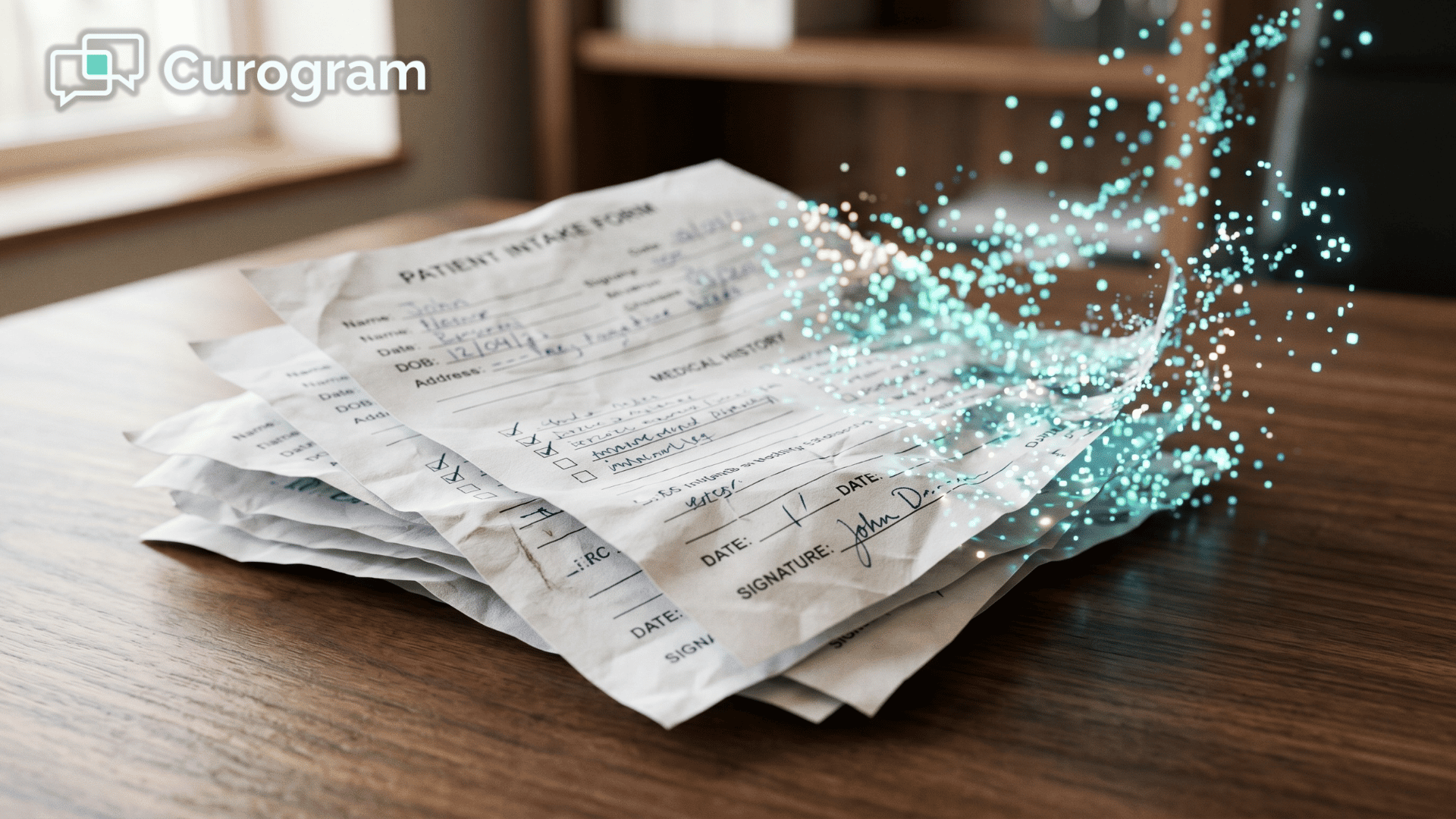 Paper intake forms dissolving into digital pixels, symbolizing paperless patient check-in workflow