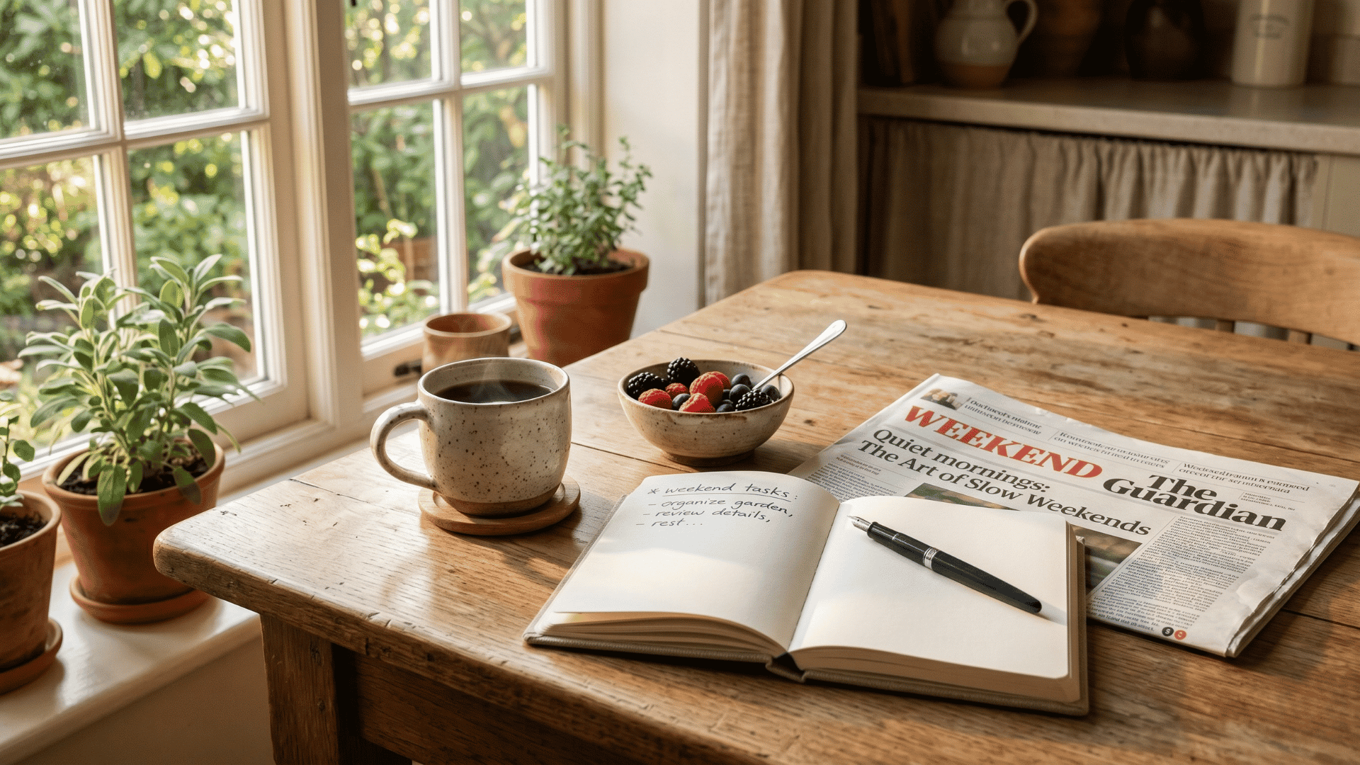 Sunlit kitchen table with coffee and notebook, evoking pre-visit patient intake completed at home