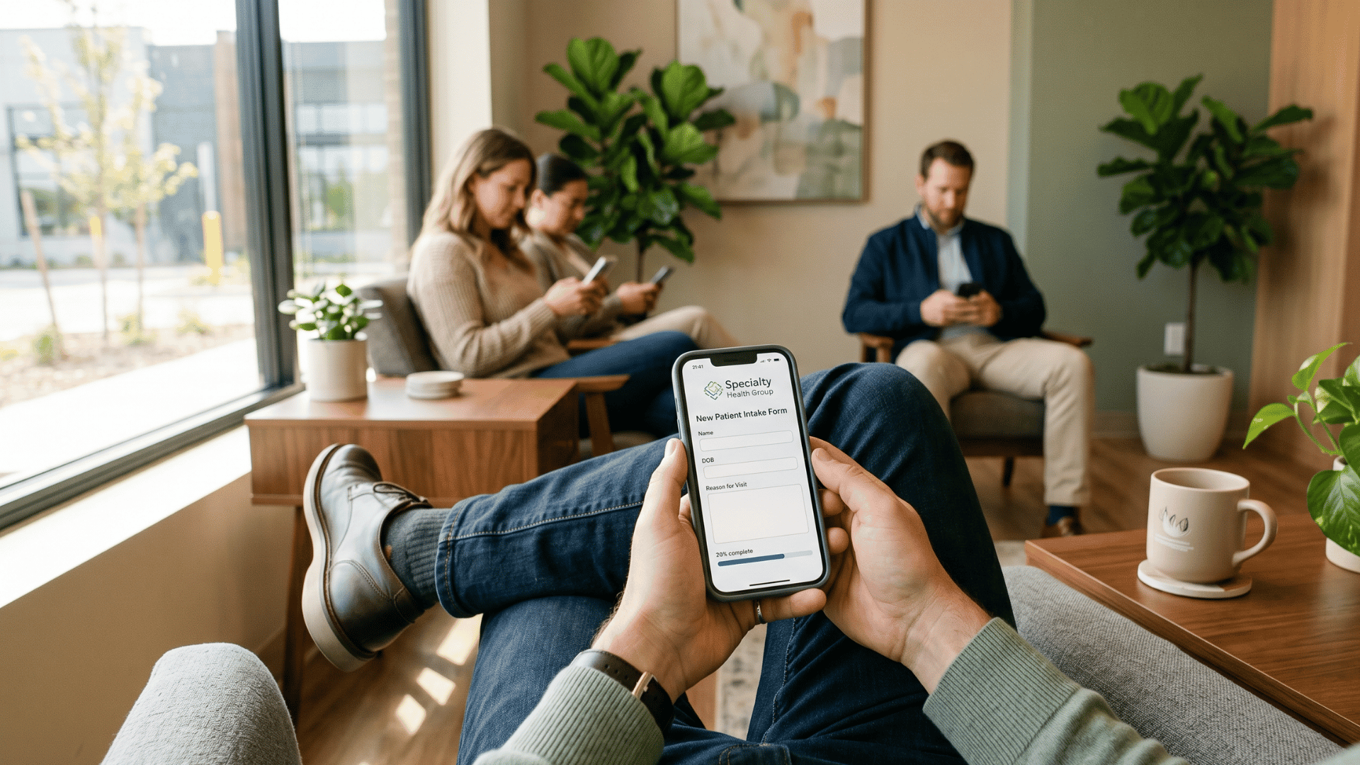 Patient completing a mobile intake form on their phone in a modern specialty clinic waiting room.