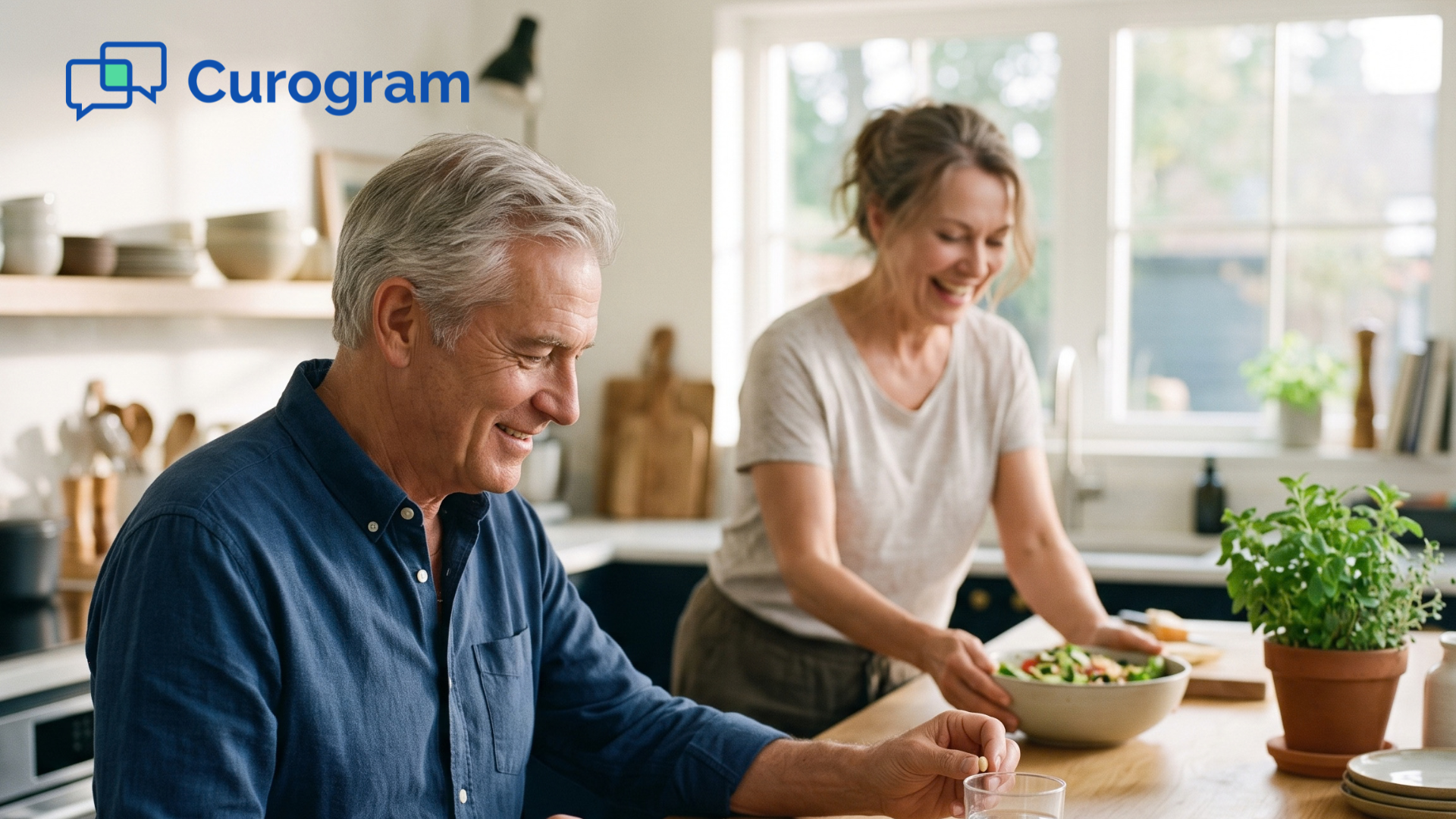 Older man takes his evening pill with dinner, following his practice’s care instructions