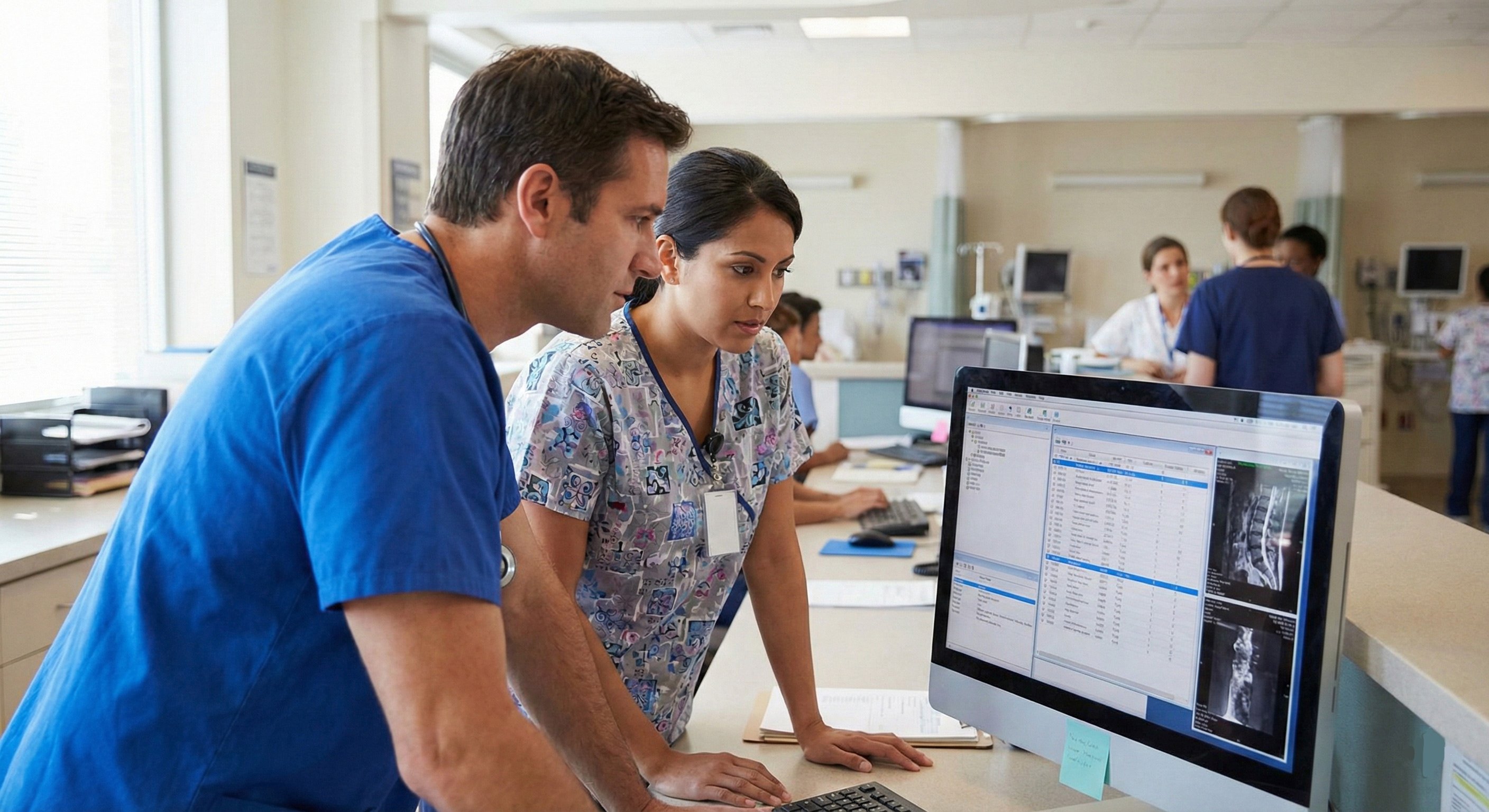 A doctor and nurse together analyzing electronic patient records on a hospital computer screen