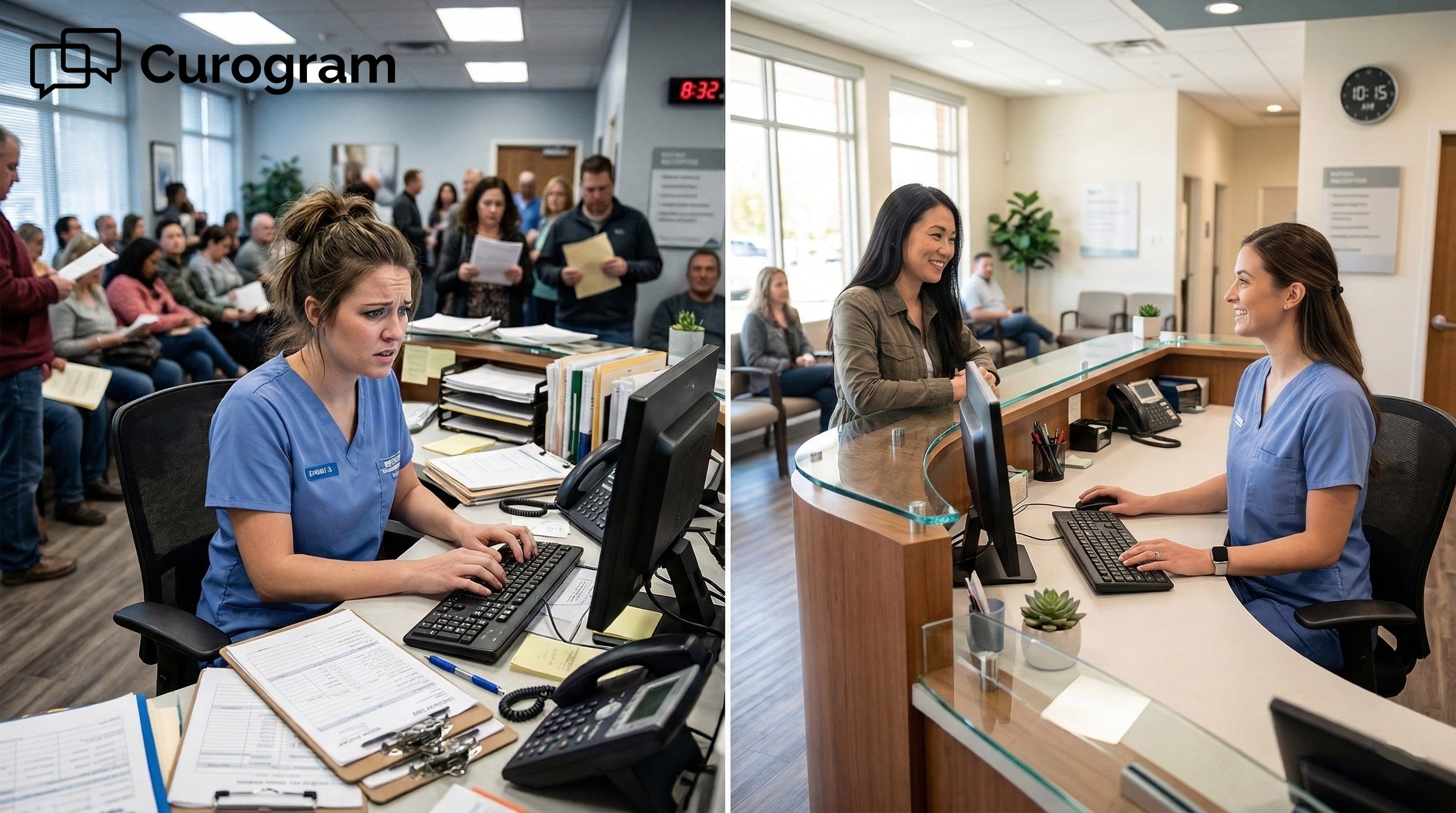 Before and after view of a chaotic medical office versus a streamlined, positive experience