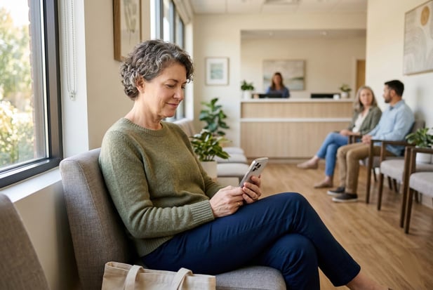 A patient comfortably uses a smartphone while waiting in a modern medical clinic lobby