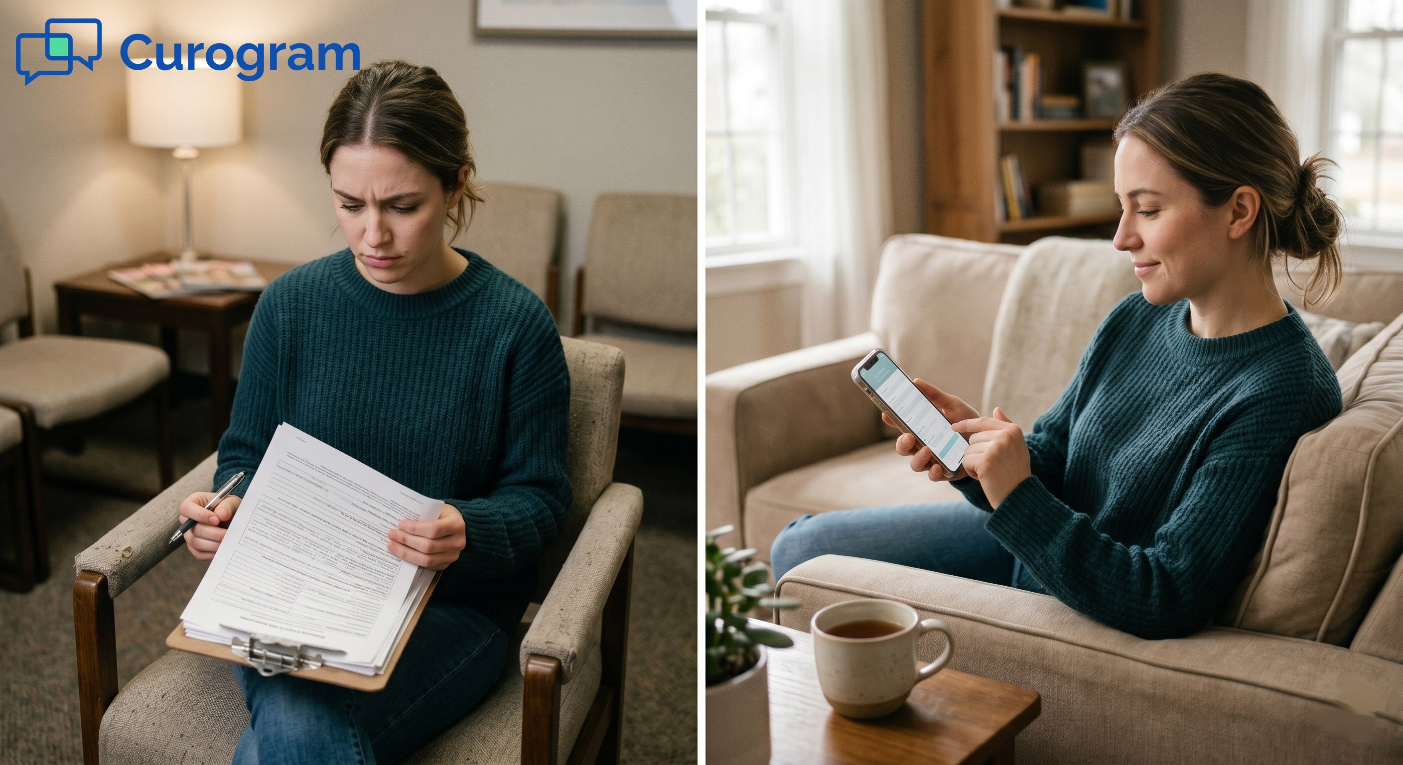 Split image of a stressed patient with paper forms vs. a relaxed person with a smartphone