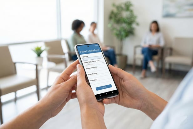 Patient filling out a digital medical intake form on a smartphone in a modern waiting room