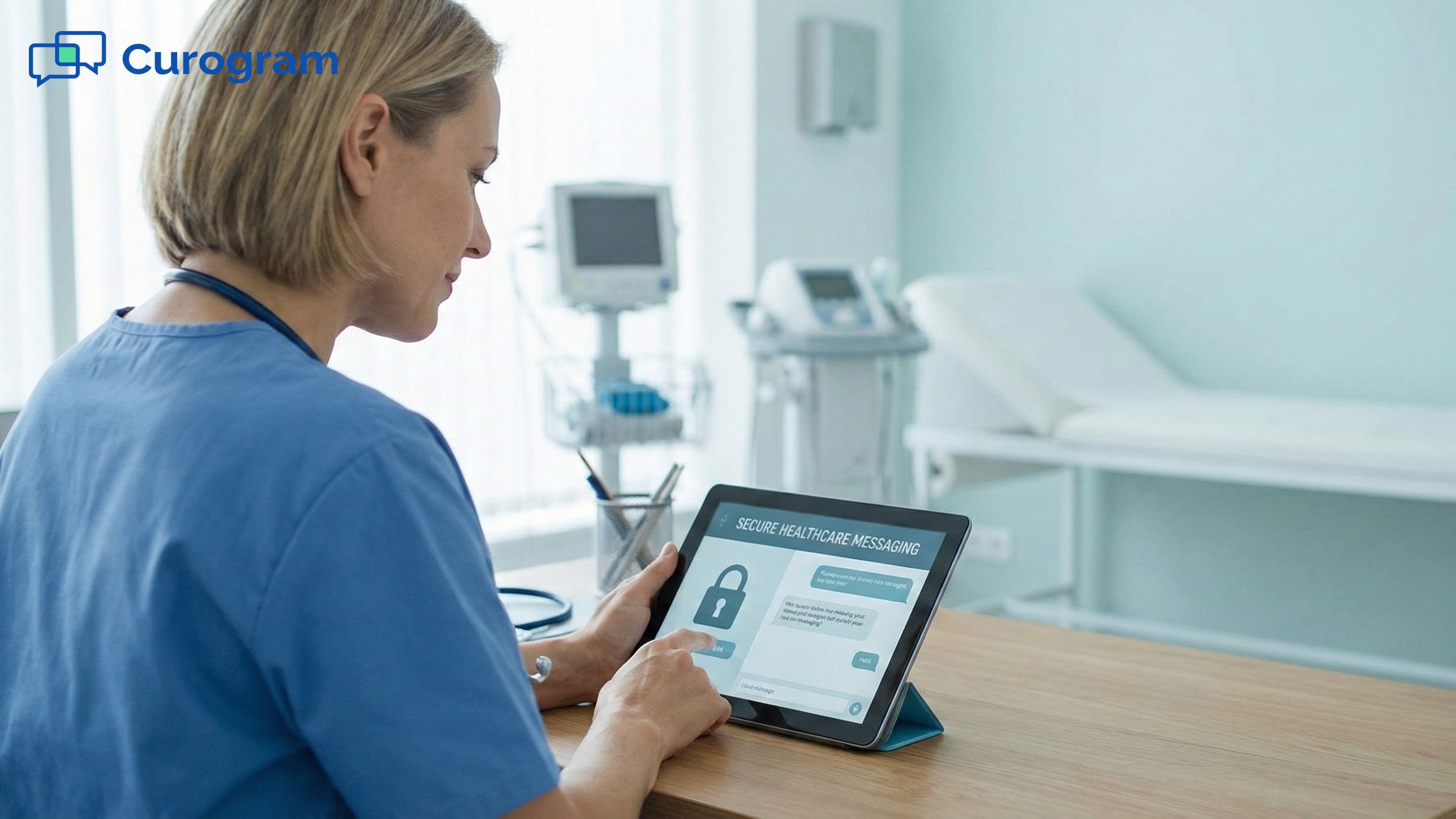 Nurse using a Curogram secure healthcare messaging app on a tablet in a clinic