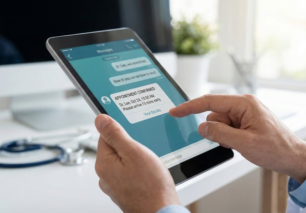 Close-up of a doctor using a tablet to view a patient appointment confirmation message