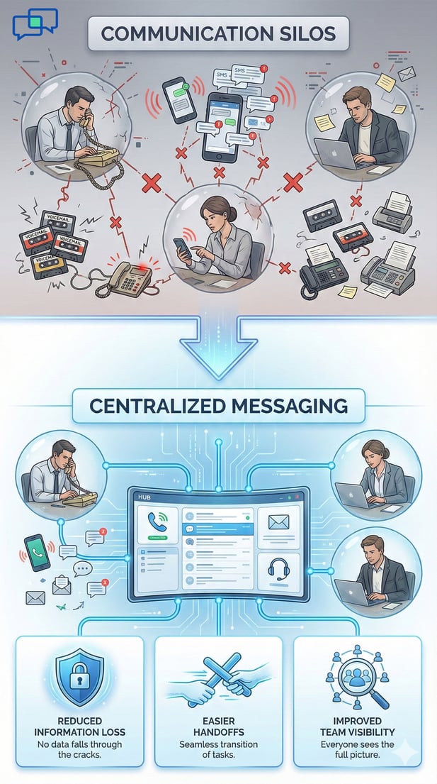 Infographic showing communication silos versus centralized messaging and its benefits
