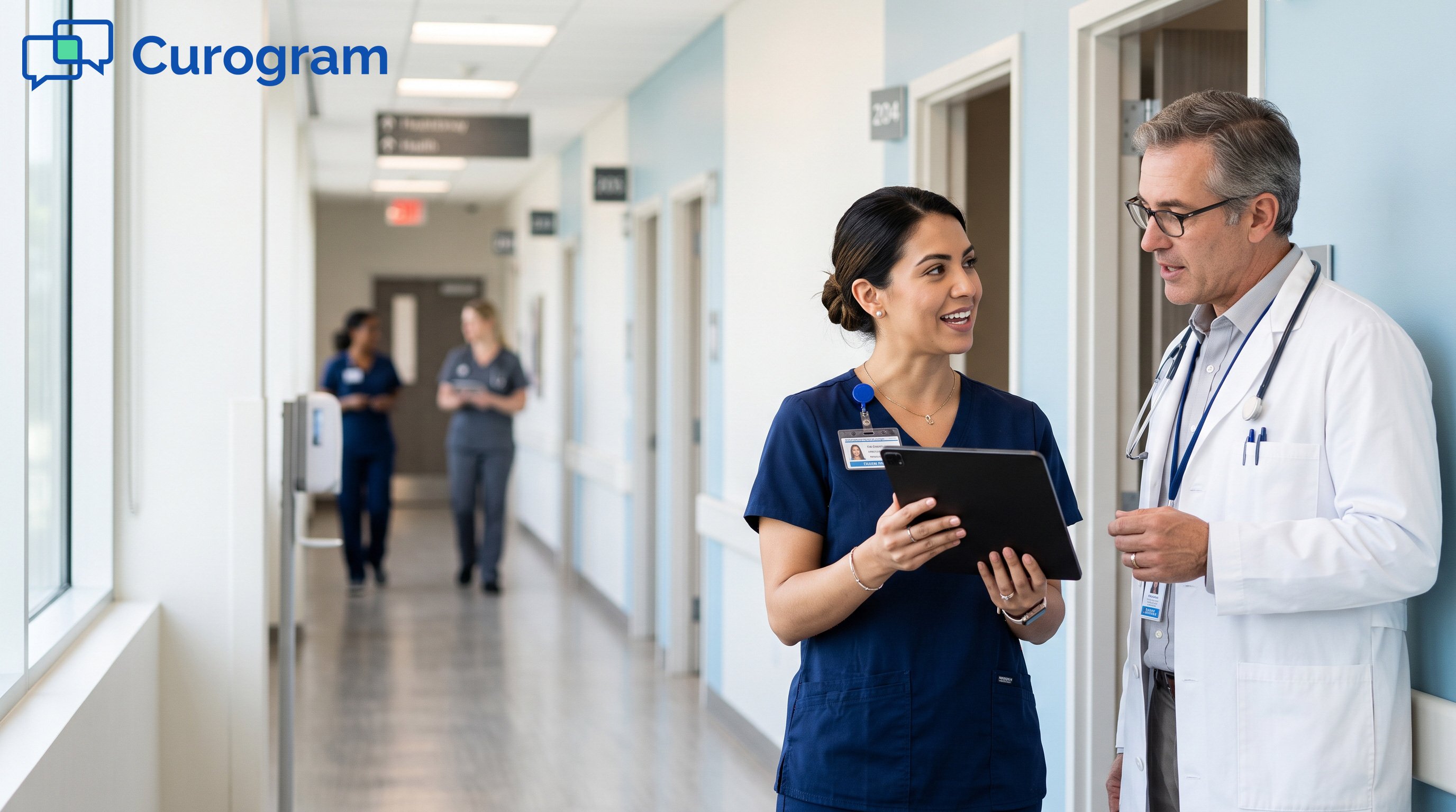 Nurse and physician conferring over a tablet in a medical clinic hallway