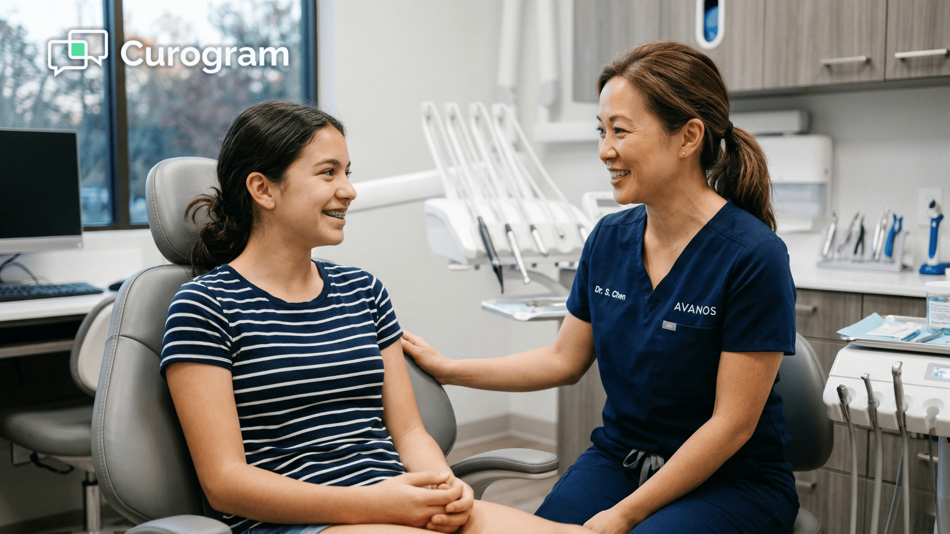 Teen patient talking with orthodontist during a Cloud 9 orthodontic office visit