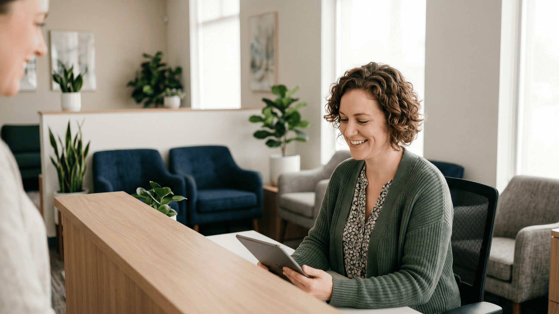 Psychiatry practice staff using a tablet for easy text-to-pay patient billing workflow