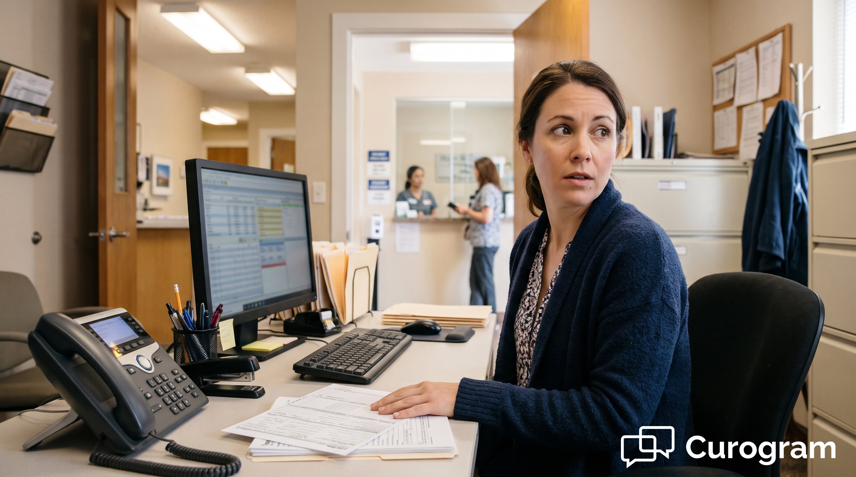 A medical biller with claim forms turns toward a ringing desk phone