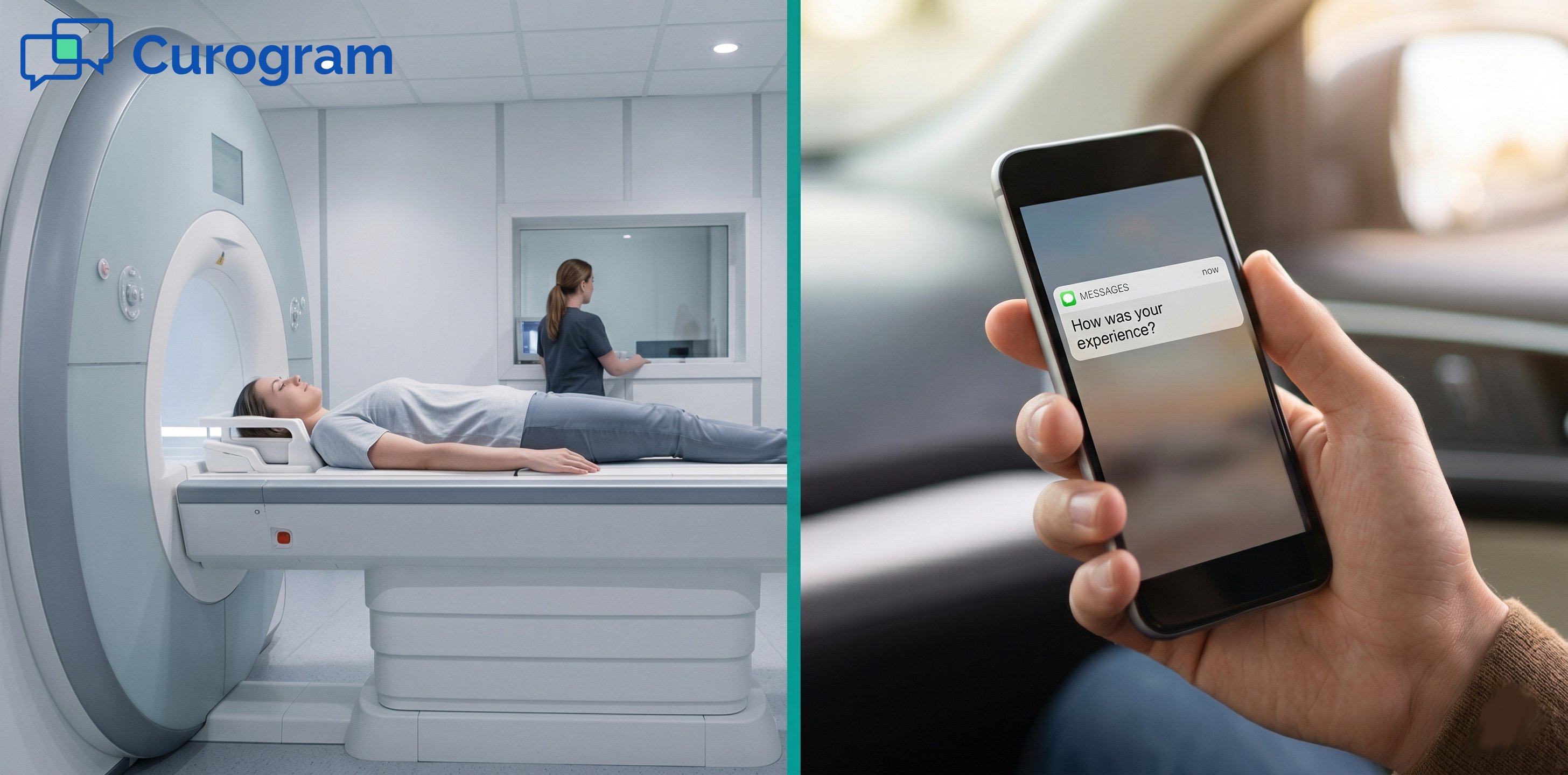 Split image: MRI patient on left; hand holding phone asking 'How was your experience?'