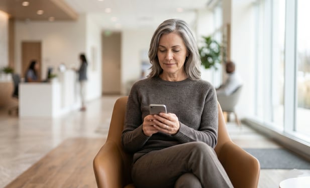 Woman with grey hair sits in a modern clinic lobby and looks at her smartphone