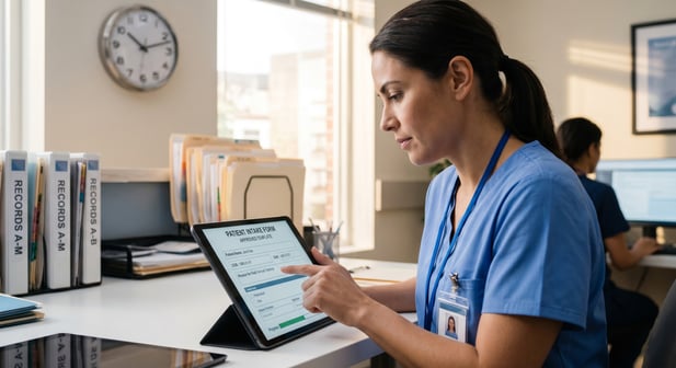 Physician using tablet to manage standardized surgical checklist in modern clinical setting