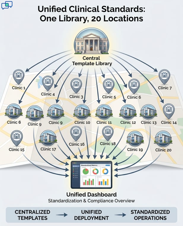 Map connecting 1 library dome to 20 modernist clinic nodes via arrows, for network consistency