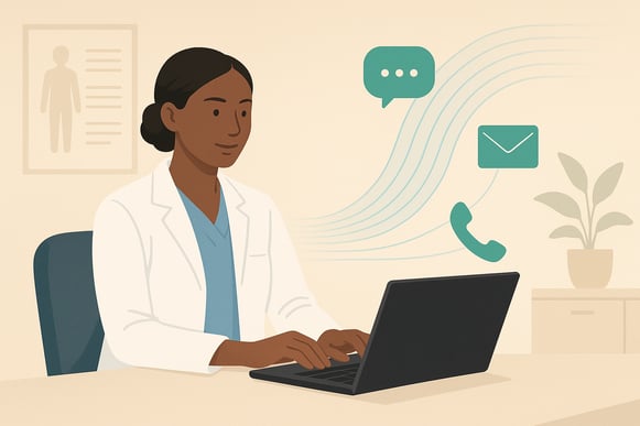 Medical staff member working efficiently while automated patient appointment reminders are processed seamlessly in the background by a computer system.
