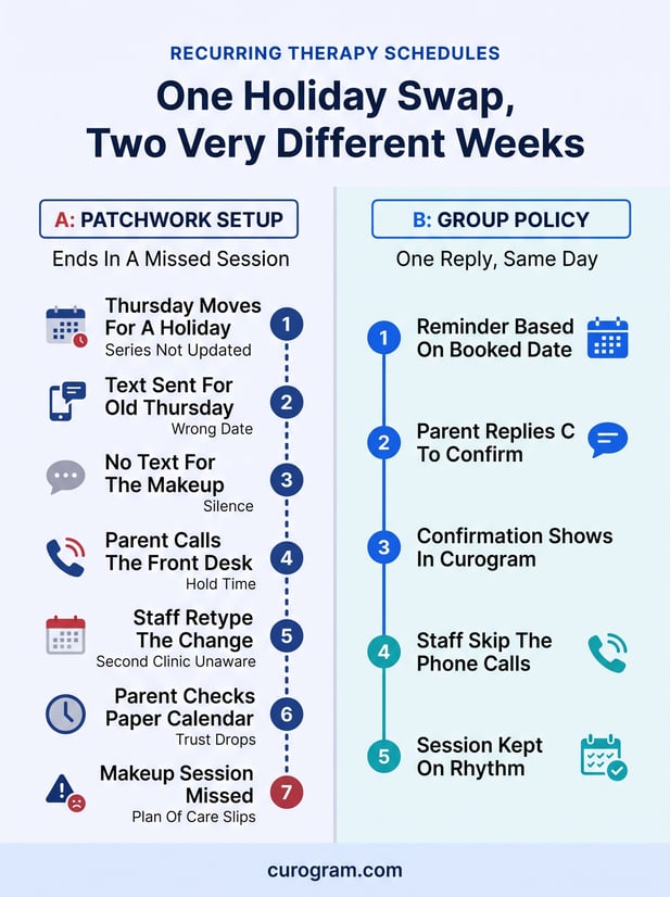 Infographic comparing a manual scheduling process that causes a missed therapy session with automated Curogram reminders that keep it on track