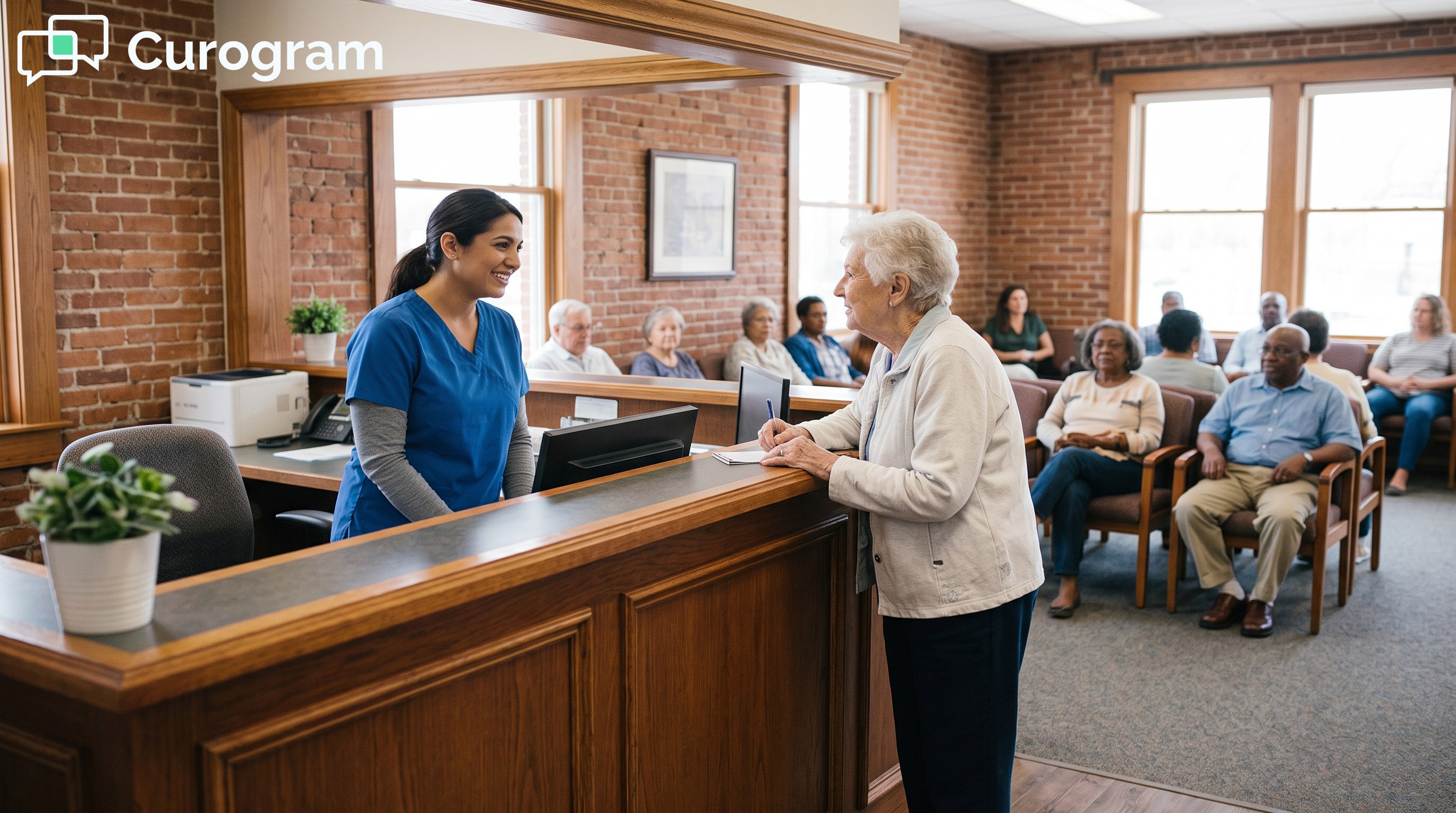 Medical clinic waiting room with diverse patients and a wooden reception desk