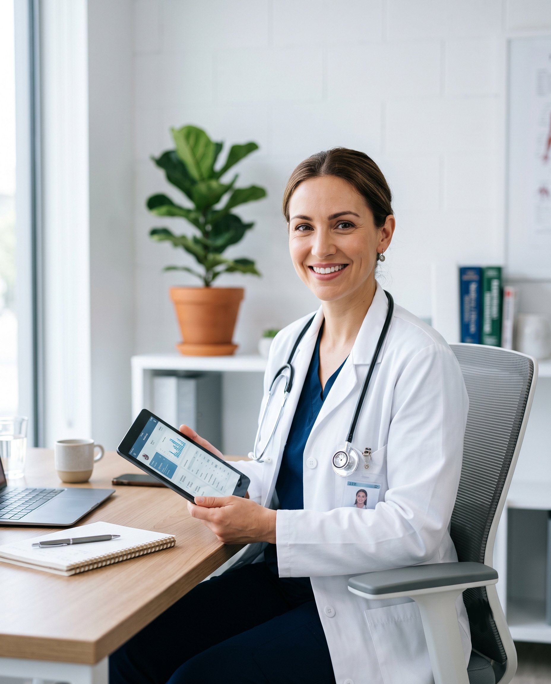 Smiling female provider at desk with clinic software