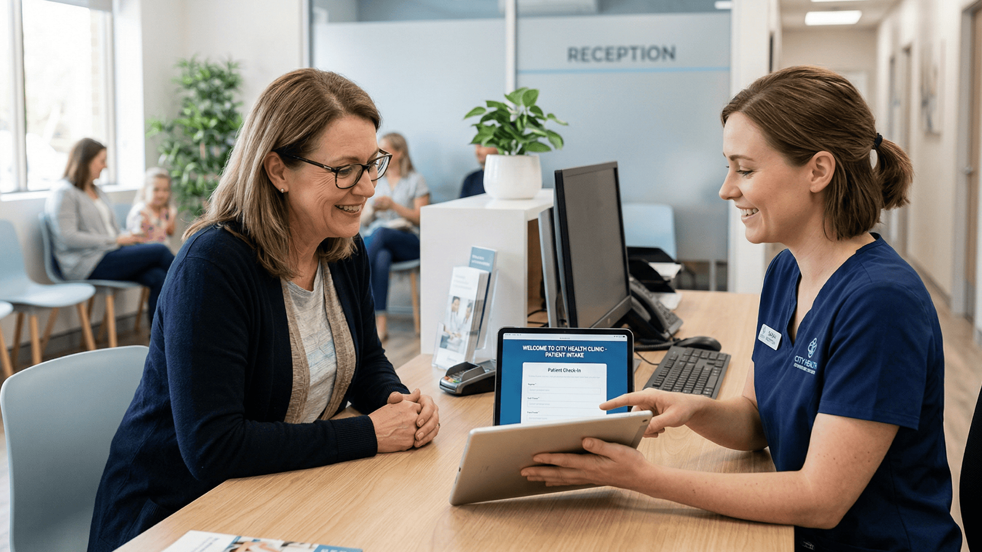 Patient completing digital check-in with clinic staff using a unified communication platform