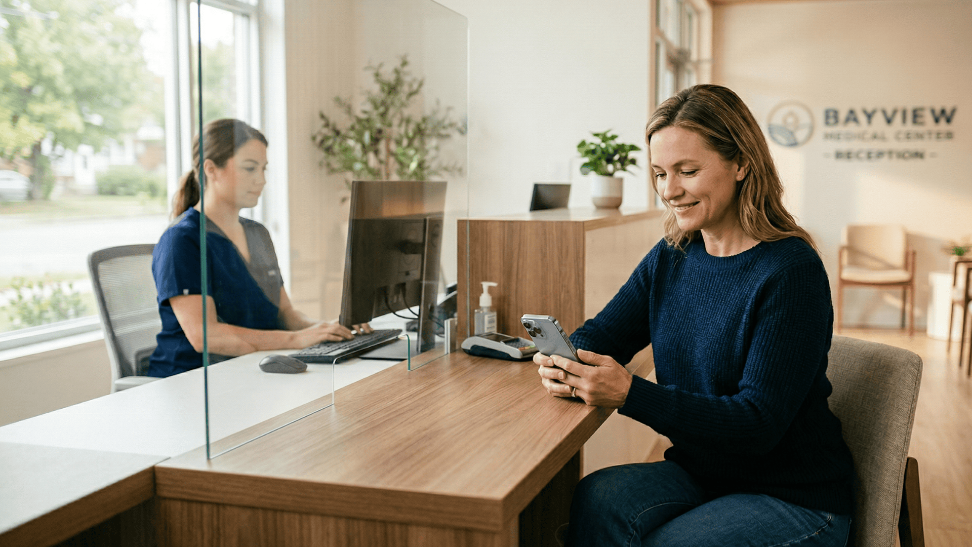 Patient receiving appointment confirmation text at a modern medical practice front desk