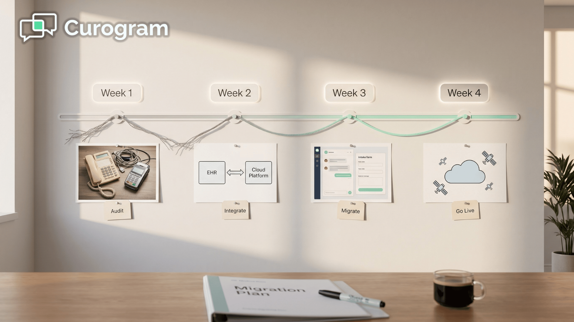Office strategy wall mapping the four-week Weave to Curogram migration timeline for medical practices