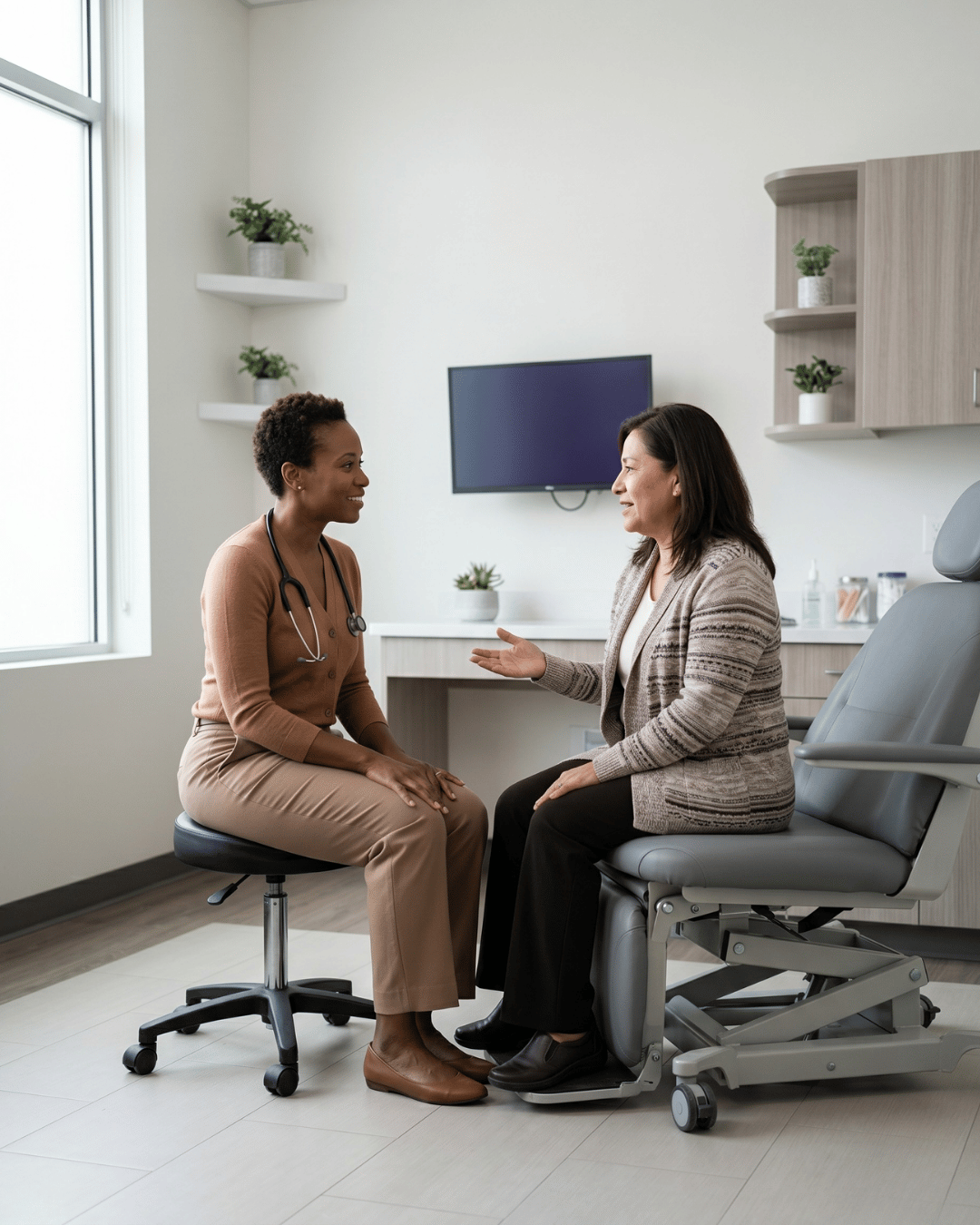 Unhurried provider and patient conversation in a modern exam room after admin automation reduces front desk workload