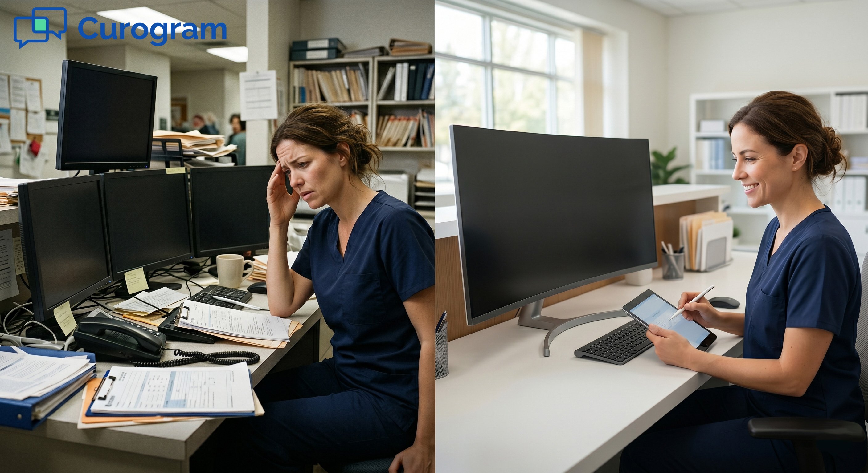 Before and after: chaotic medical office desk vs. efficient Curogram platform