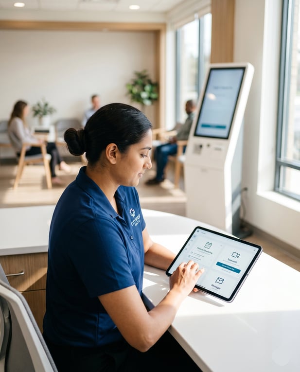 Medical administrator using Curogram tablet at a modern clinic reception desk