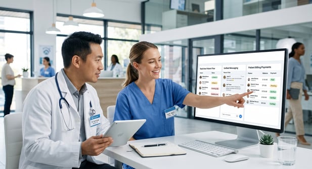 Doctor and medical assistant collaborating efficiently using Curogram's integrated clinical dashboard