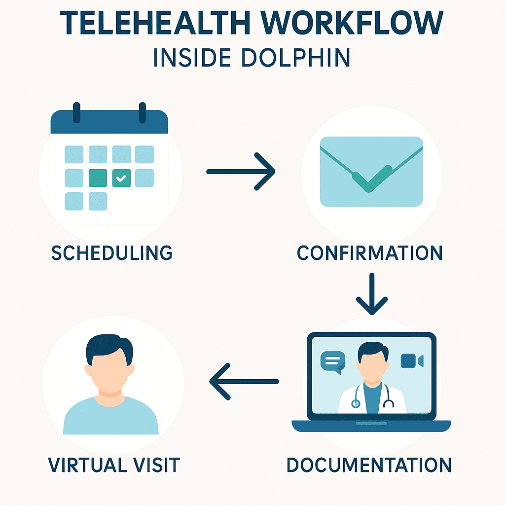 Simple workflow of HIPAA-compliant telehealth in Curogram