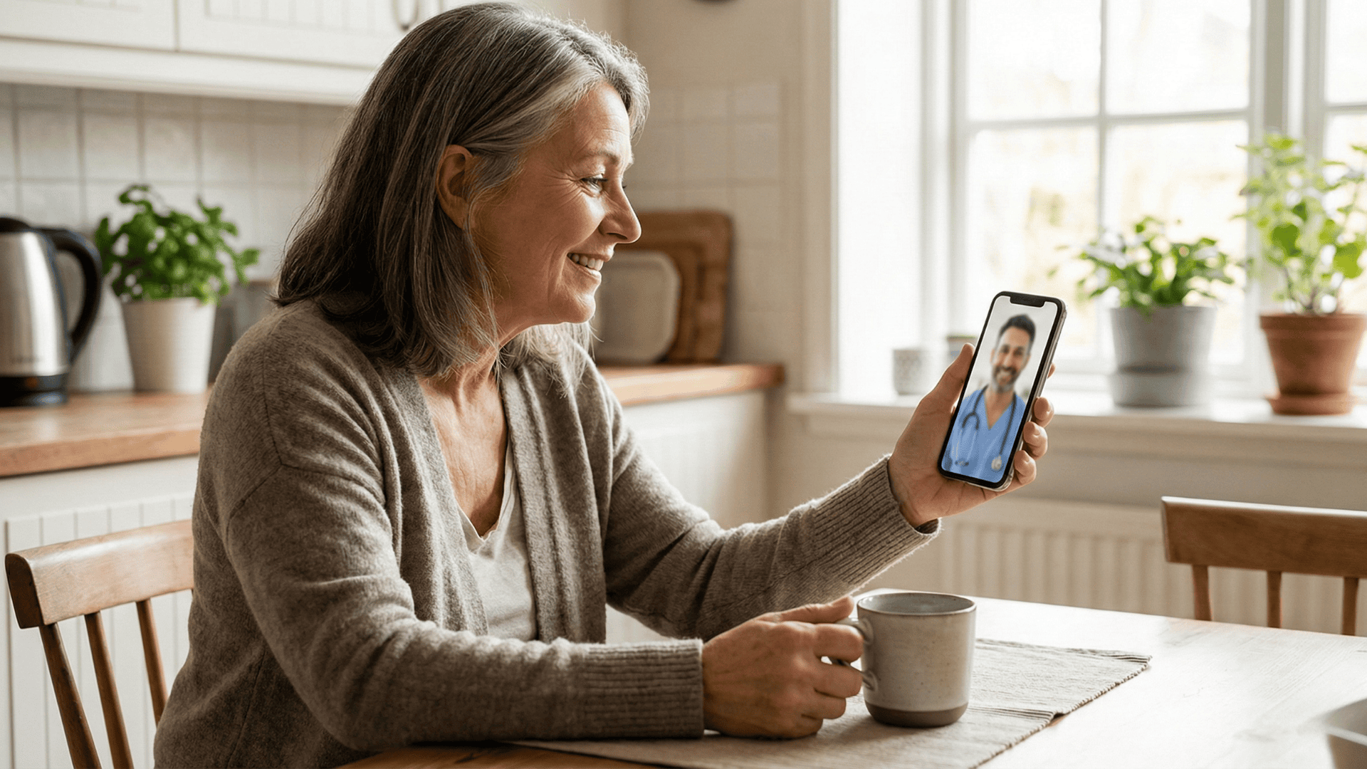 Patient at home smiling during a telehealth video call with a doctor.