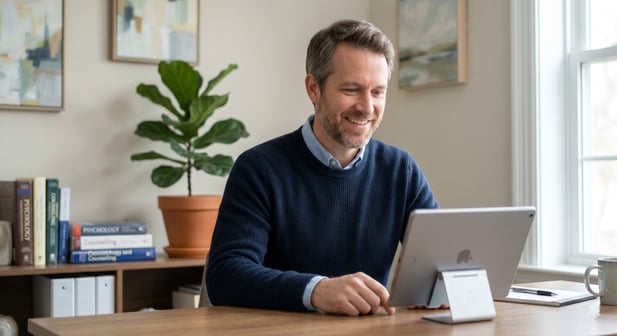 Licensed therapist conducting a virtual appointment through a tablet