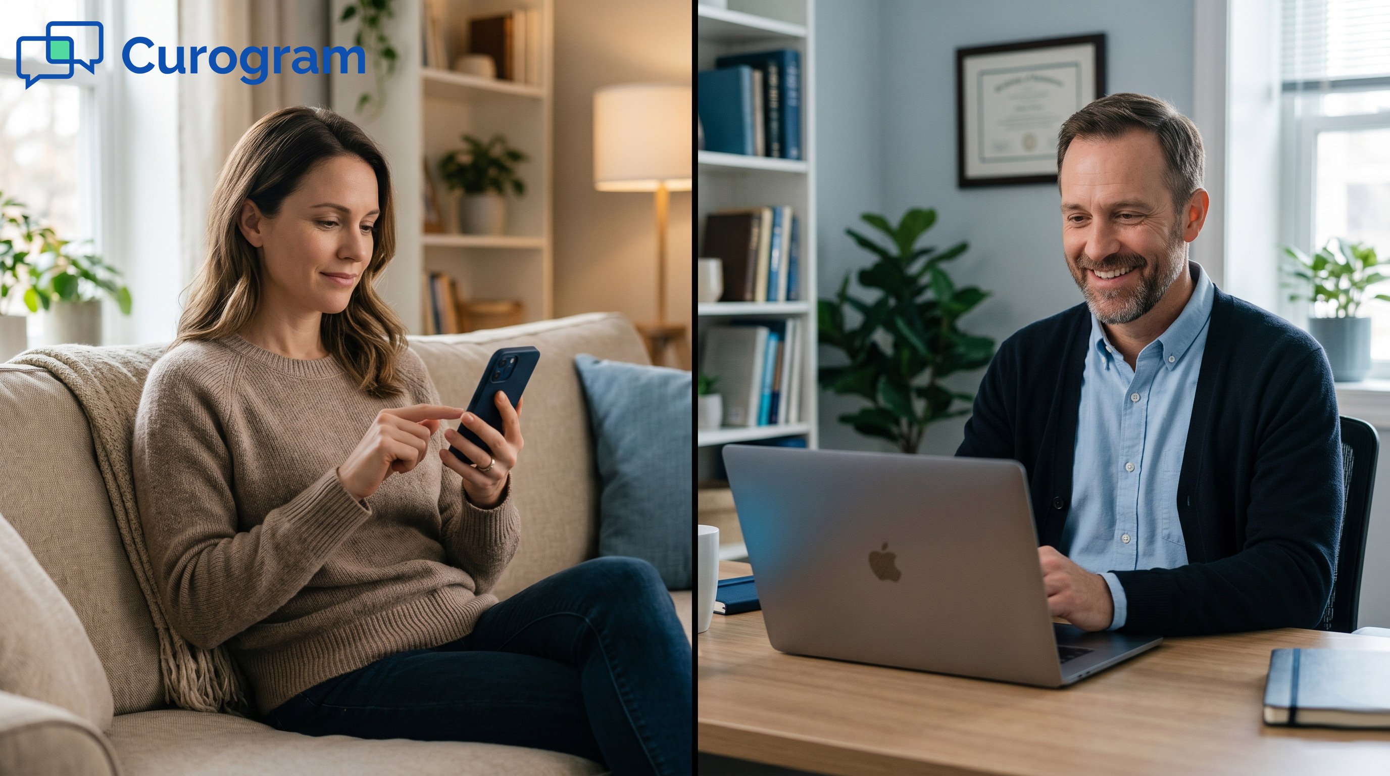 Split image showing patient at home and provider in office during a telehealth call