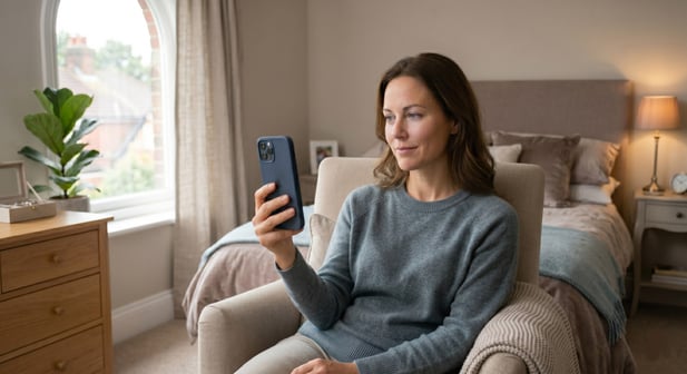A relaxed woman in an armchair at home, about to tap a link on her smartphone