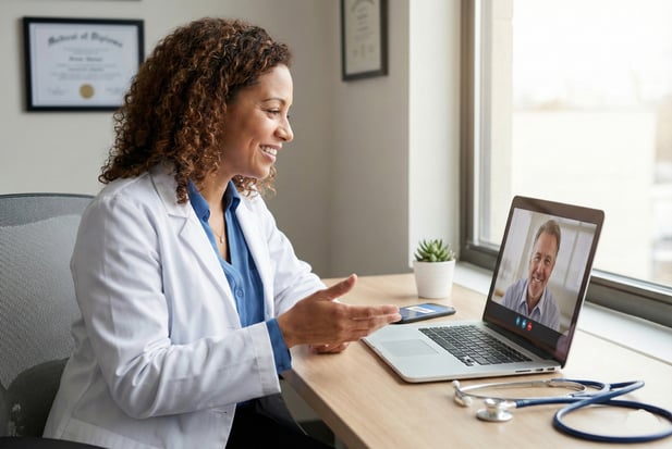 Smiling female doctor conducting a billable telehealth video consultation with a patient