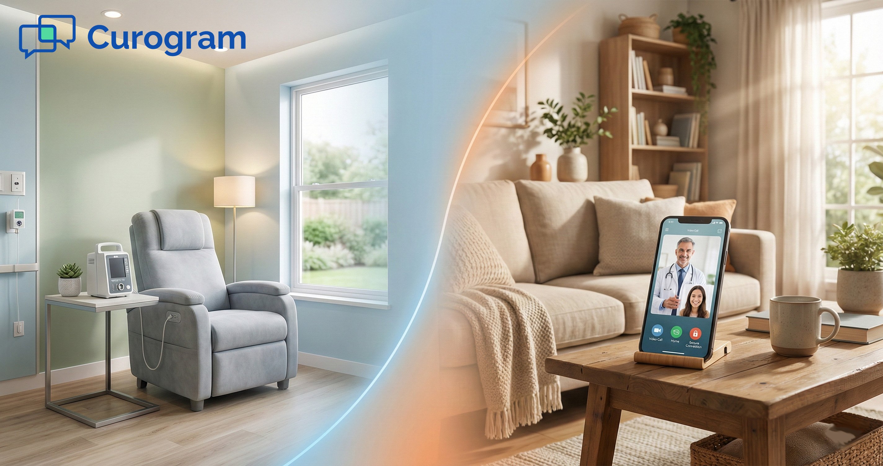 Modern clinic infusion room and home telehealth video call split screen for continuity of care