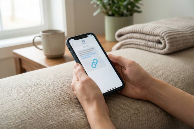 Patient hands holding a smartphone receiving a telehealth appointment link via SMS at home
