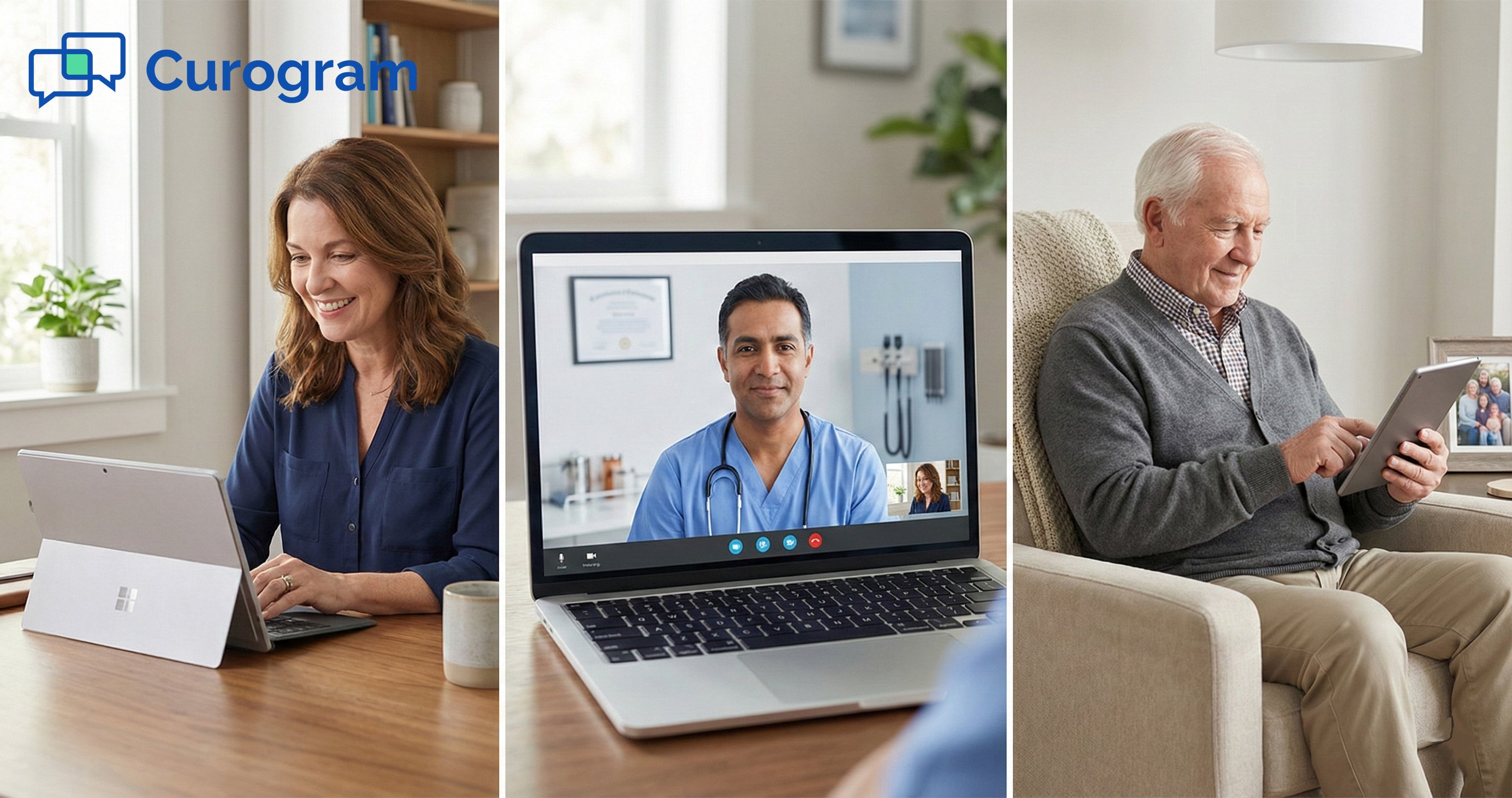 Diverse patients and provider using telehealth for virtual care appointments