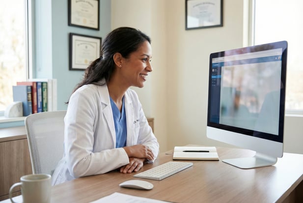 Smiling healthcare provider conducting a virtual patient visit via video call