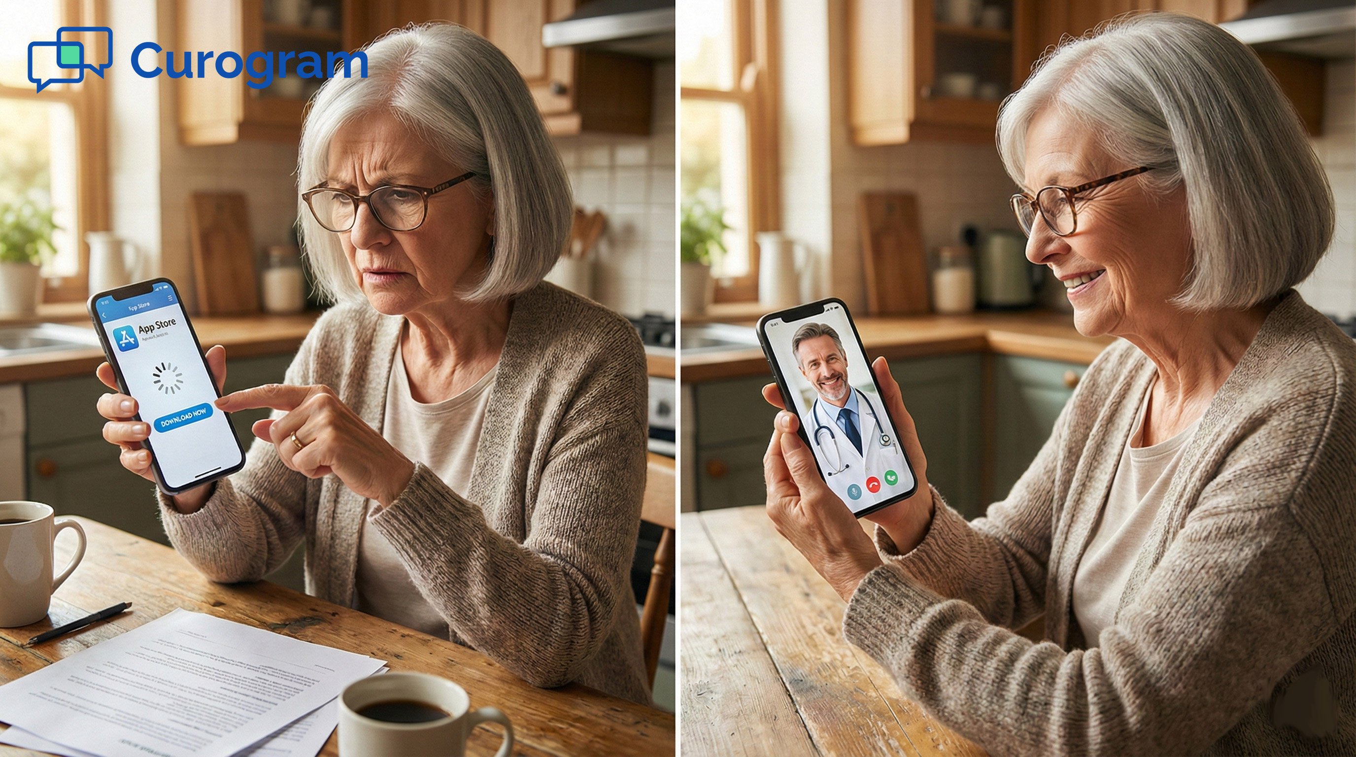 Senior patient frustrated with app download versus happy during a browser-based virtual visit