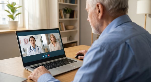Multi-party telehealth visit with an elderly patient, doctor, and daughter on a laptop