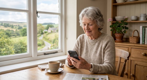 A smiling senior person sitting in a calm, sunny room, comfortably looking at a smartphone
