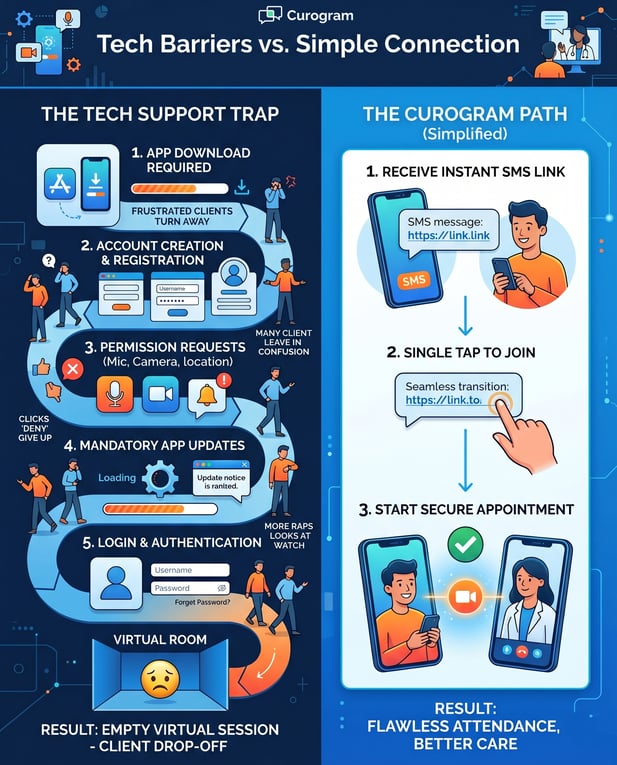 Infographic comparing telehealth tech barriers (left) versus simple text-based connection