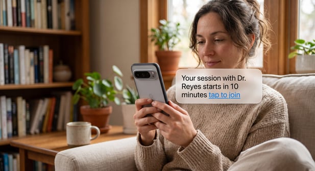 Person holding phone with floating text bubble: 'Starts in 10 minutes. Tap to join.'