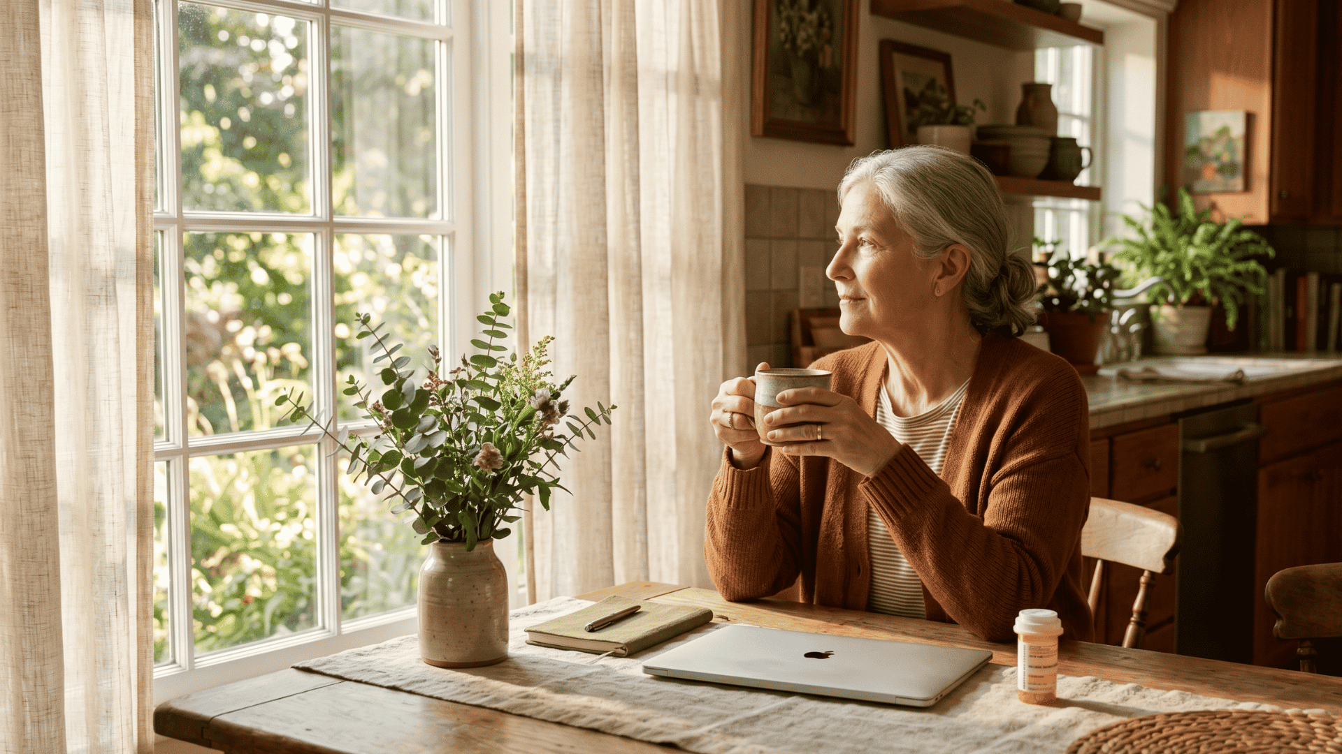 Senior patient at home after completing a telemedicine visit with her Modmed specialty practice