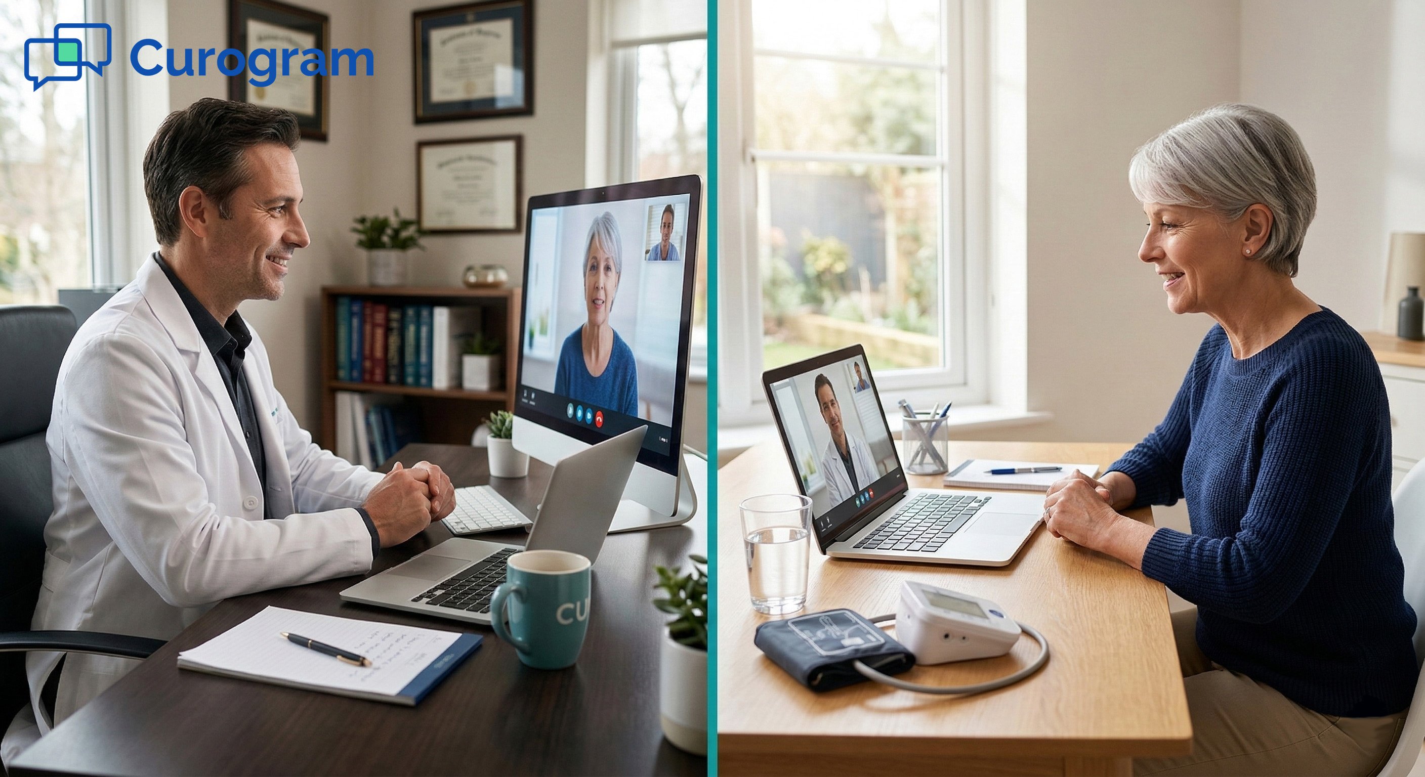 Male doctor video calling female patient at home using a telehealth platform