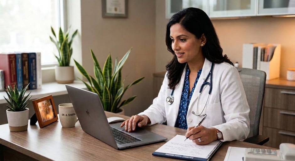 Close-up of female doctor analyzing detailed EMR patient data and charts on a laptop screen